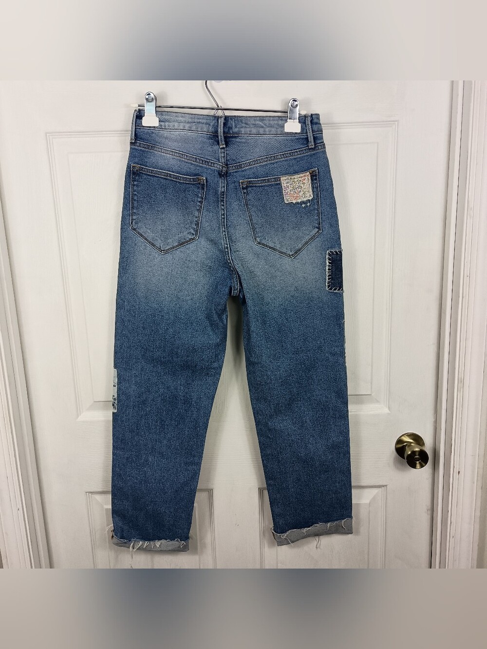 Driftwood Patchwork Jeans Womens 26 Blue Royce Crop Raw Hem Cuff Straight Floral - Picture 4 of 11